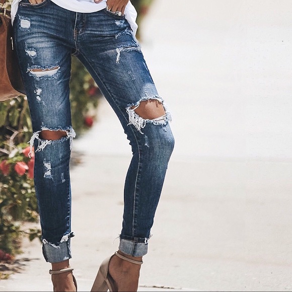Distressed Denim Ankle Skinny Dark Wash Jeans - Picture 8 of 9